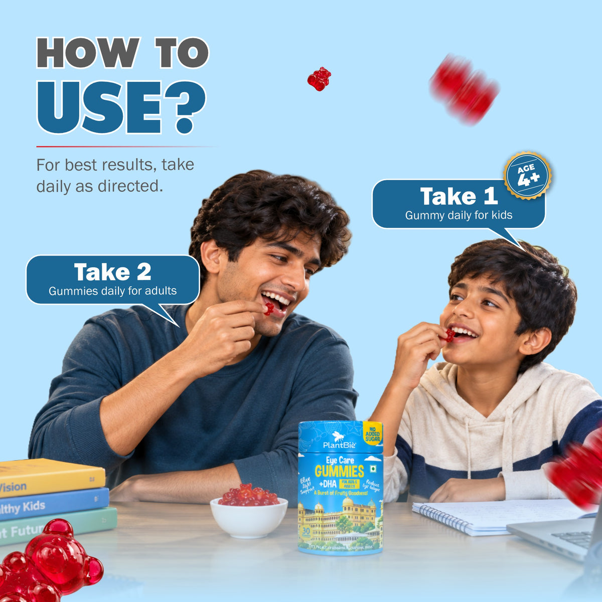 PlantBie Eye Care Gummies usage: 1 daily for kids aged 4+ and 2 daily for adults