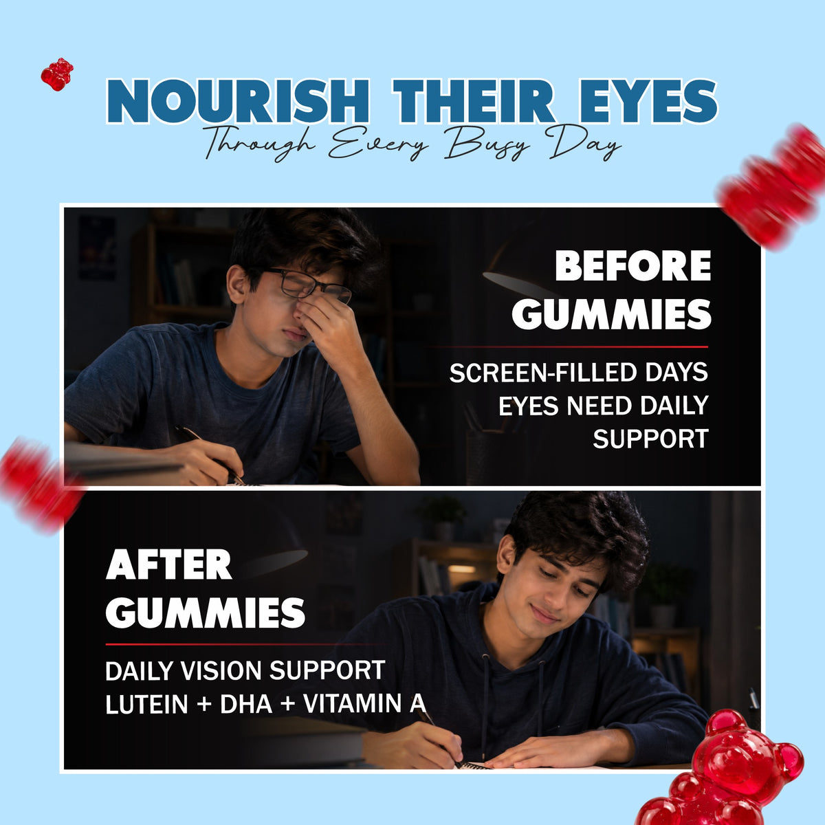 PlantBie Eye Care Gummies illustration of a student using a screen and studying