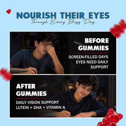 PlantBie Eye Care Gummies illustration of a student using a screen and studying
