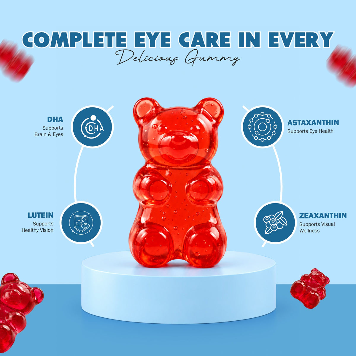 Red bear-shaped PlantBie Eye Care gummy with DHA, lutein, zeaxanthin and astaxanthin ingredient callouts