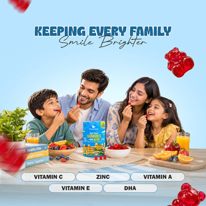 Family enjoying PlantBie Eye Care Gummies with vitamin C, zinc, vitamin A, vitamin E and DHA ingredient callouts