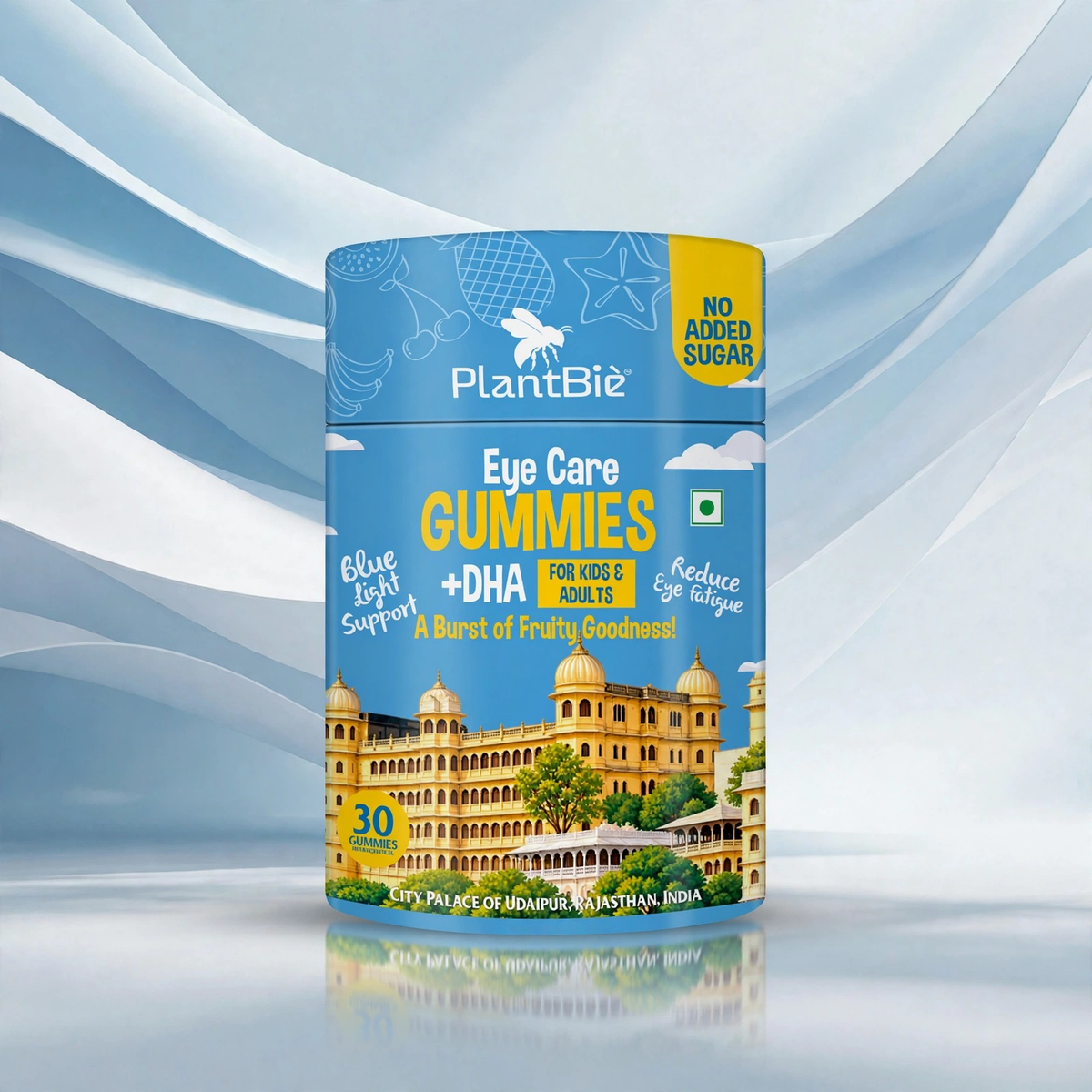 PlantBie Eye Care Gummies + DHA, 30-gummy mixed fruit jar with no added sugar