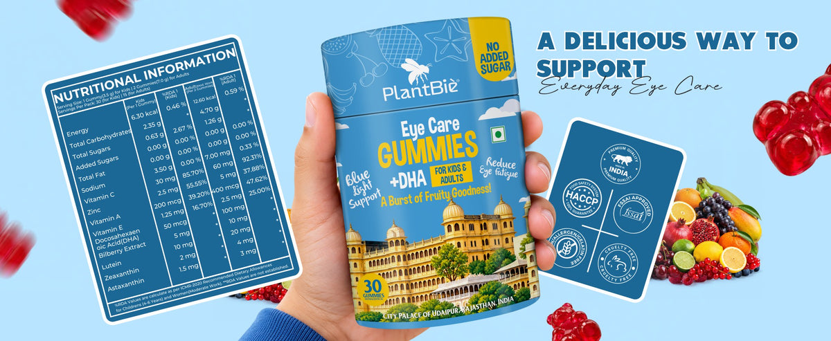 PlantBie Eye Care Gummies jar, nutrition information and mixed fruit flavour.