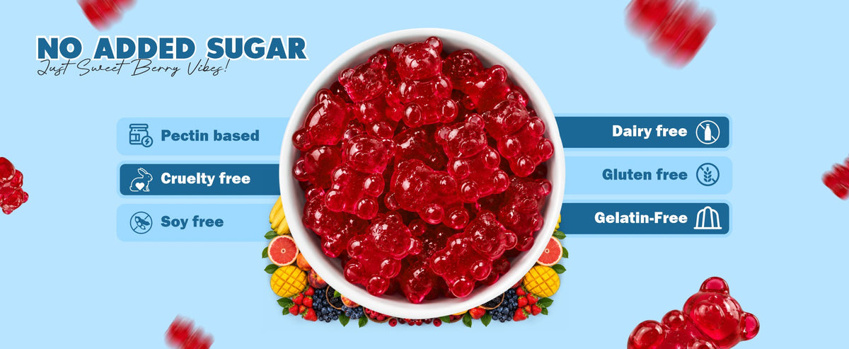 Red PlantBie gummies with no added sugar, a pectin base, and dairy-free, soy-free and gluten-free details.