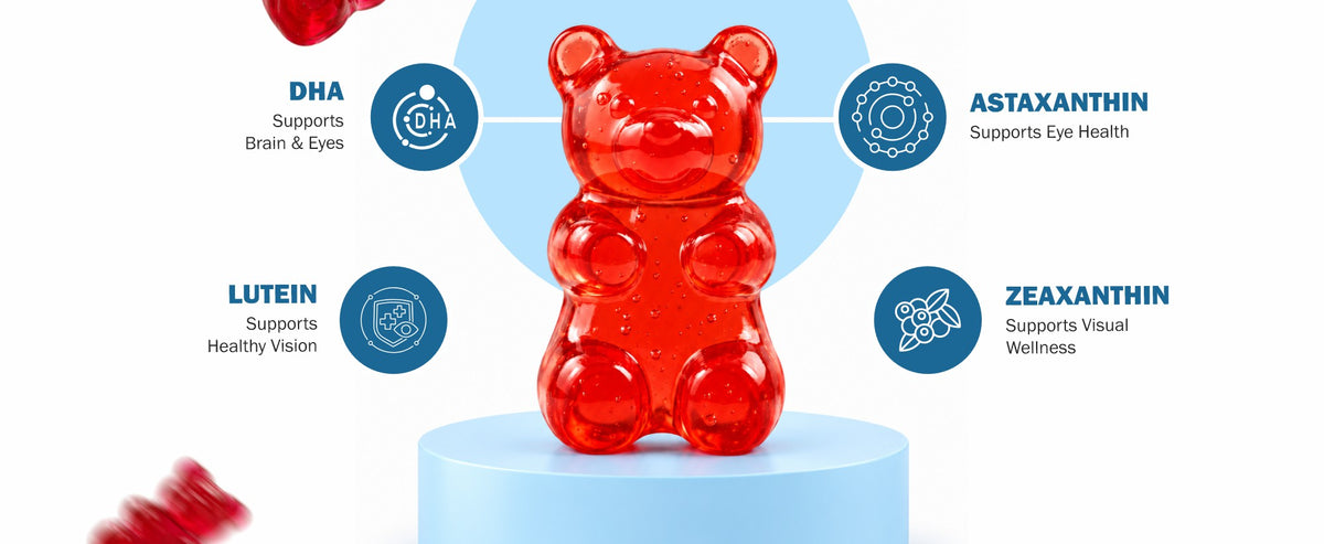 Red bear-shaped Eye Care gummy with DHA, lutein, zeaxanthin and astaxanthin ingredient callouts.