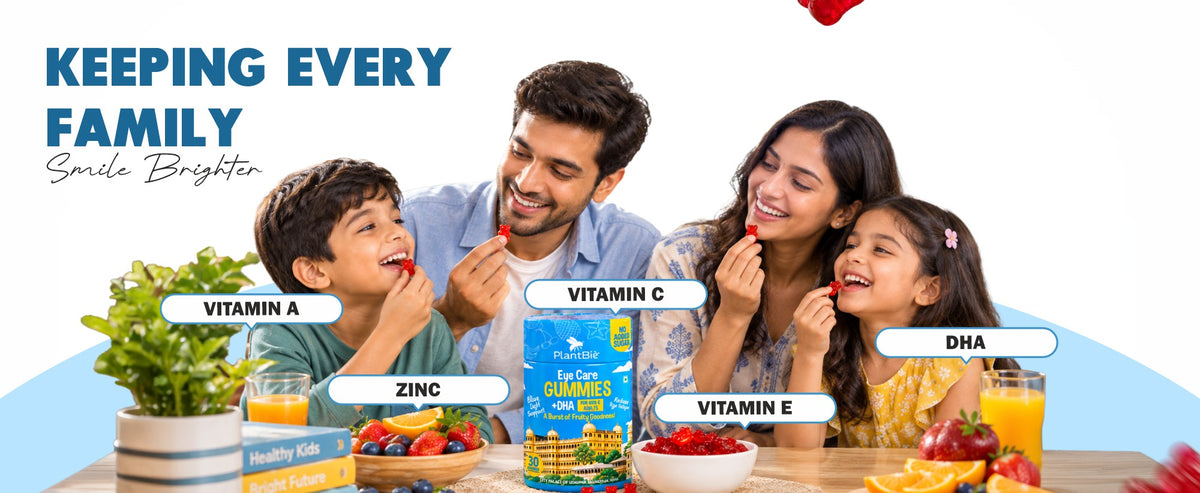 Family enjoying PlantBie Eye Care Gummies, with vitamins A, C and E, zinc and DHA shown.