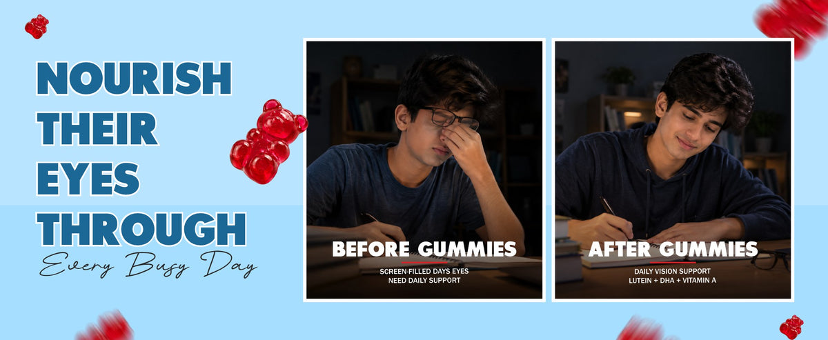 Illustration comparing a student rubbing his eyes with a student studying; PlantBie Eye Care Gummies banner.
