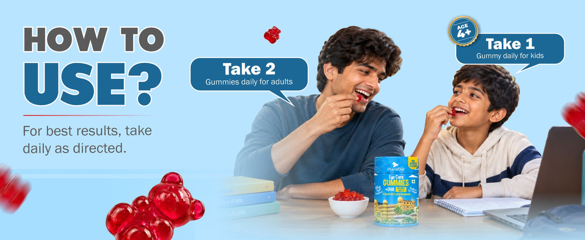 Eye Care Gummies directions: 1 gummy daily for kids aged 4+ and 2 gummies daily for adults.